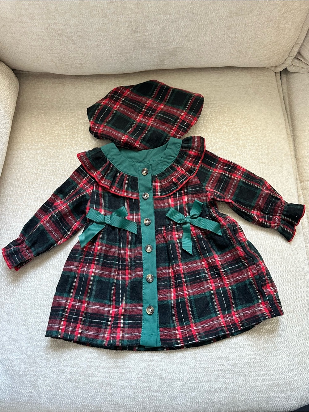Classic Red & Green Plaid Baby Dress with Hat